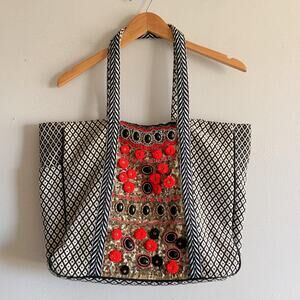 Lovestitch Beaded Sequin Embroidered Pom Pom Tapestry Weekender Tote Bag